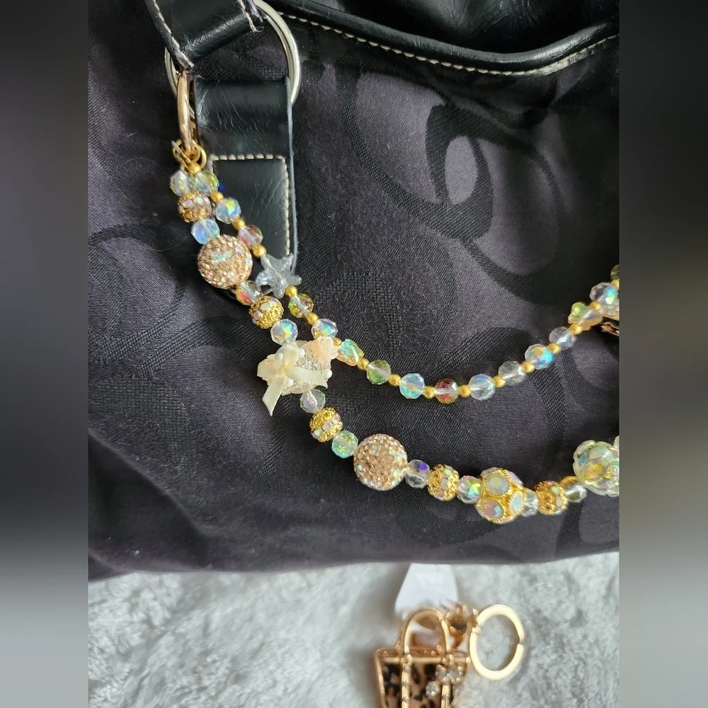 Gold and Brown Beaded Bag Charm Chain And Keychain Set Studded Boot Animal Print